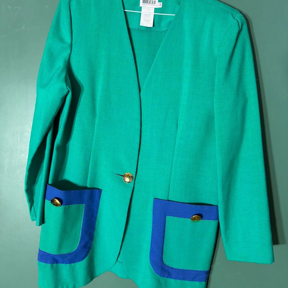 Leslie Fay Vintage 80s 90s Teal Blue Blazer Blue Trim Retro Preppy Size 10